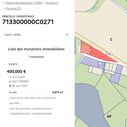 Illustration de la carte de la parcelle, affichant les ventes et les prix historiques